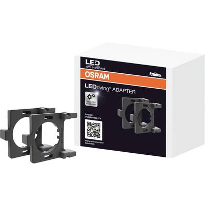 Verpackung eines OSRAM LEDriving Adapters mit Auto-Symbol und QR-Code zur Kompatibilitätsprüfung. Enthält zwei Adapter aus Kunststoff.