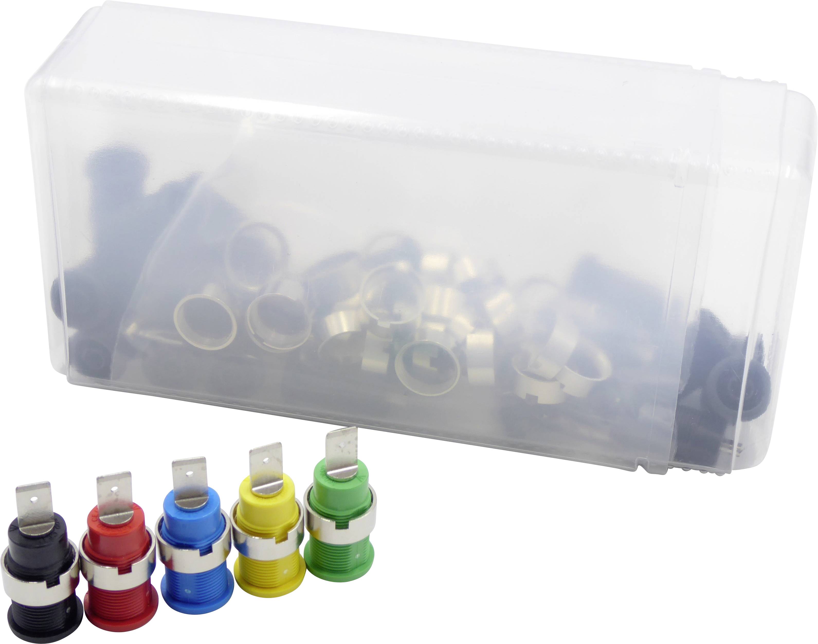 Eine durchsichtige Plastikbox mit verschiedenen, metallfarbigen Kabelschuhen. Davor stehen fünf bunte, zylindrische Anschlüsse.