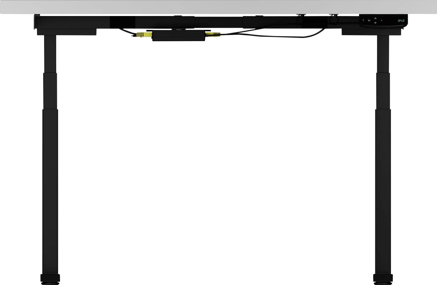 Elektrisch höhenverstellbarer Schreibtisch in schwarz, zeigt die Mechanik und Kabelverlegung unter der Tischplatte.