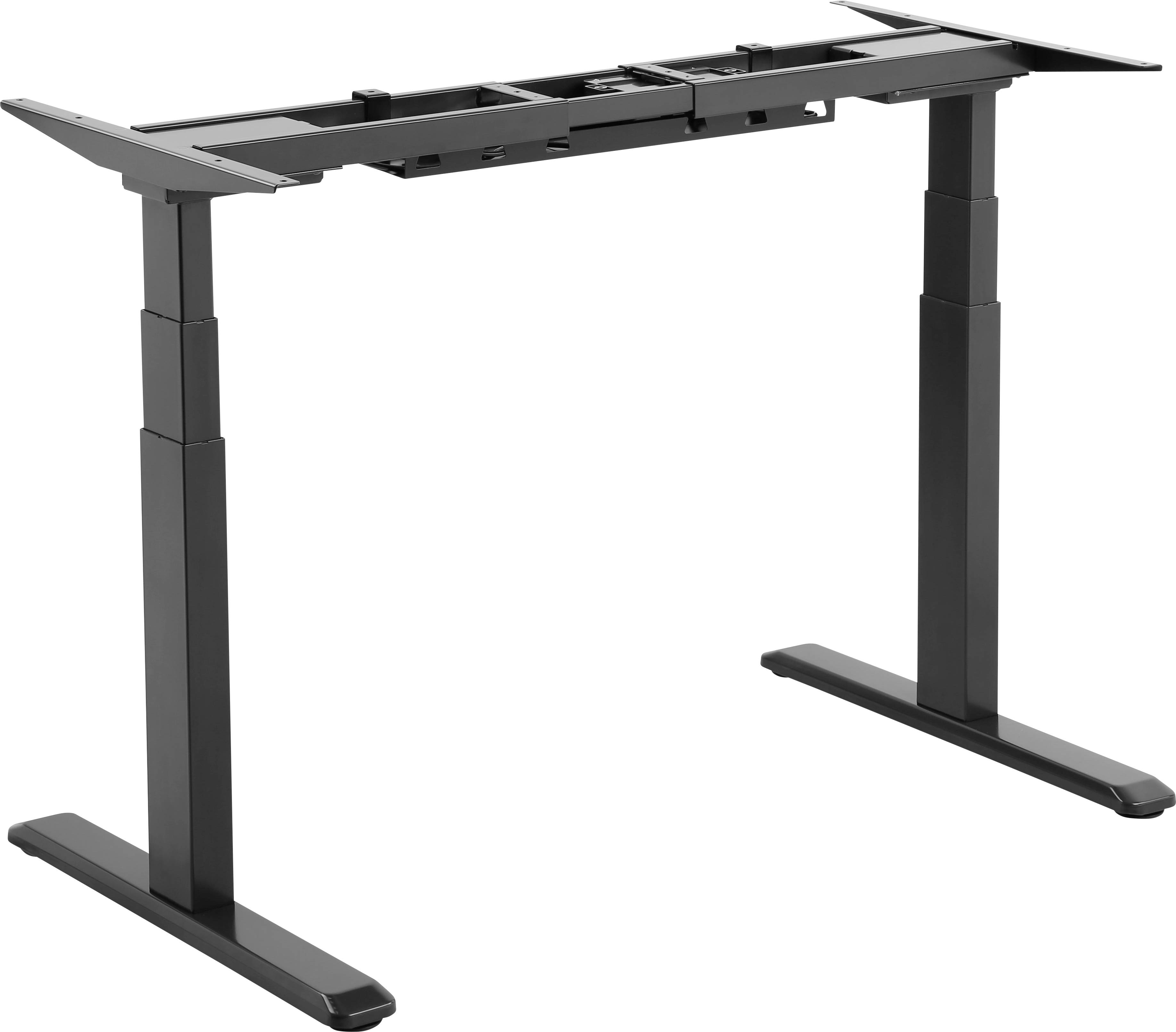 Höhenverstellbares Tischgestell in Schwarz, aus Metall, mit breiten Kufen. Geeignet für ergonomisches Arbeiten im Stehen oder Sitzen.