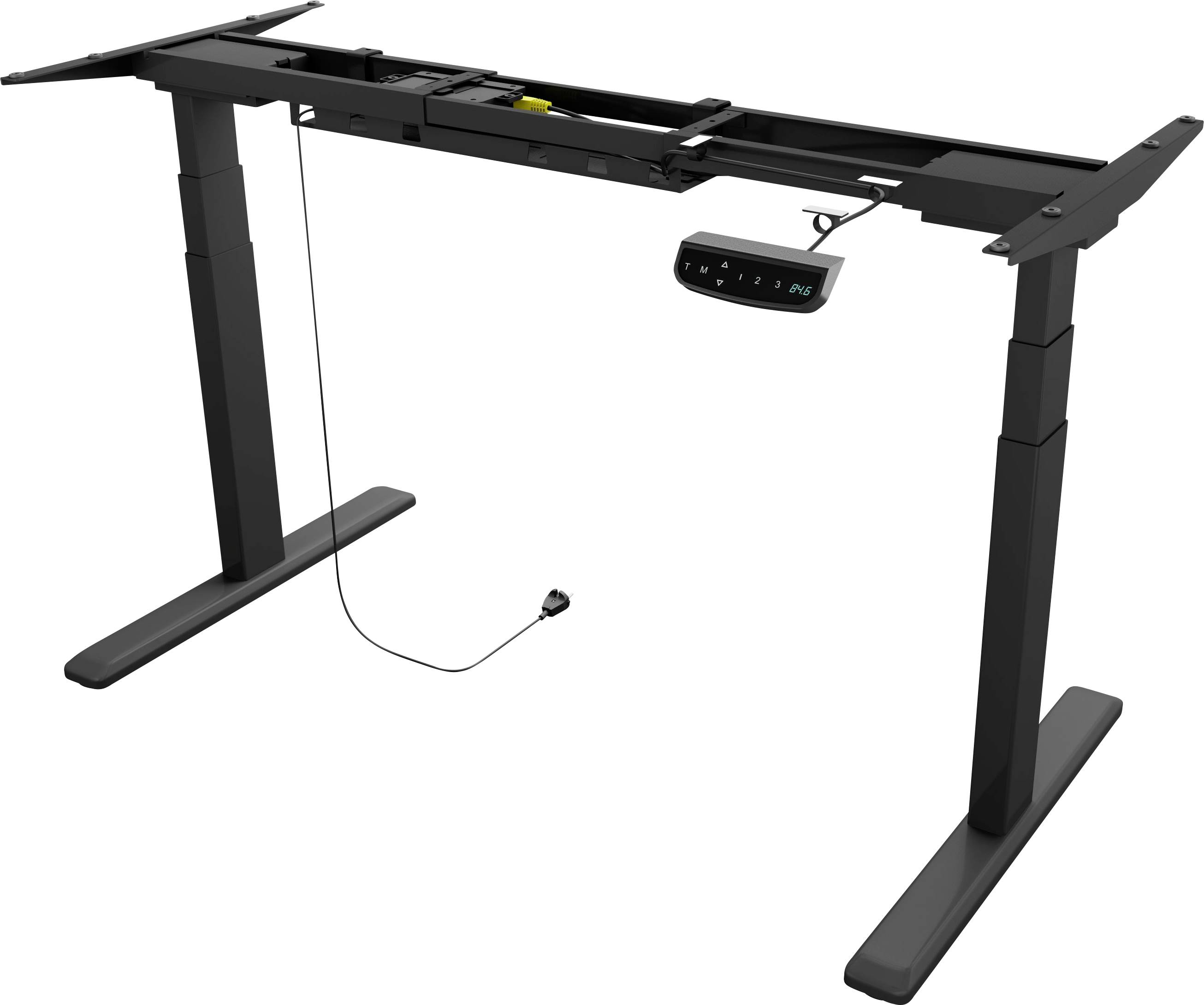 Höhenverstellbares Tischgestell in Schwarz mit elektronischer Steuerungseinheit und Kabel. Ideal für ergonomische Arbeitsplätze.