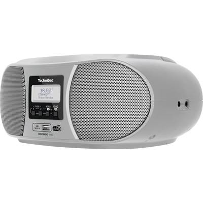 Ein graues tragbares Radio mit Digitalanzeige, Lautsprechern und verschiedenen Anschlüssen. Digitaler Zeit- und Senderanzeiger.