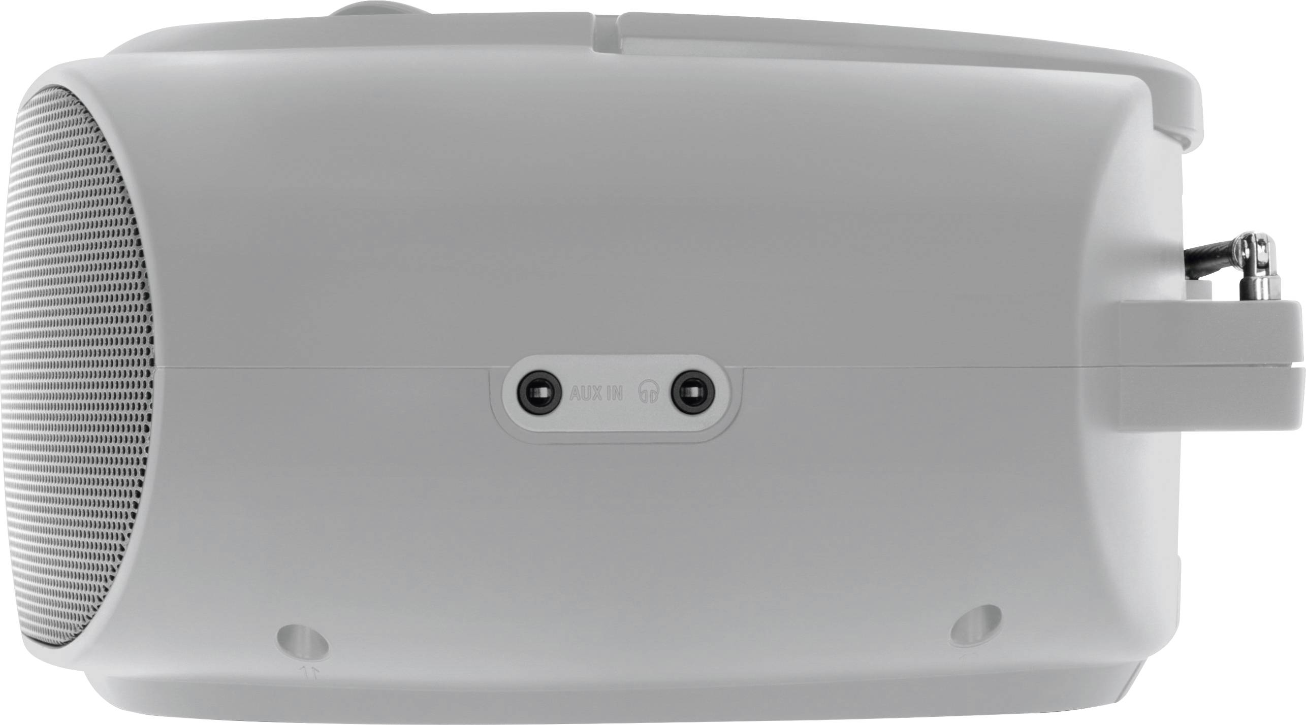 Ein grauer, zylindrischer Lautsprecher in Seitenansicht mit Gitter auf der linken Seite und knopfartigem Detail rechts.