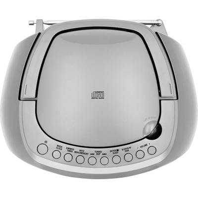 CD-Player mit digitalem Display und mehreren Funktionstasten für Uhr, Menü, Timer, Sleep und Lautstärke, von oben gesehen.