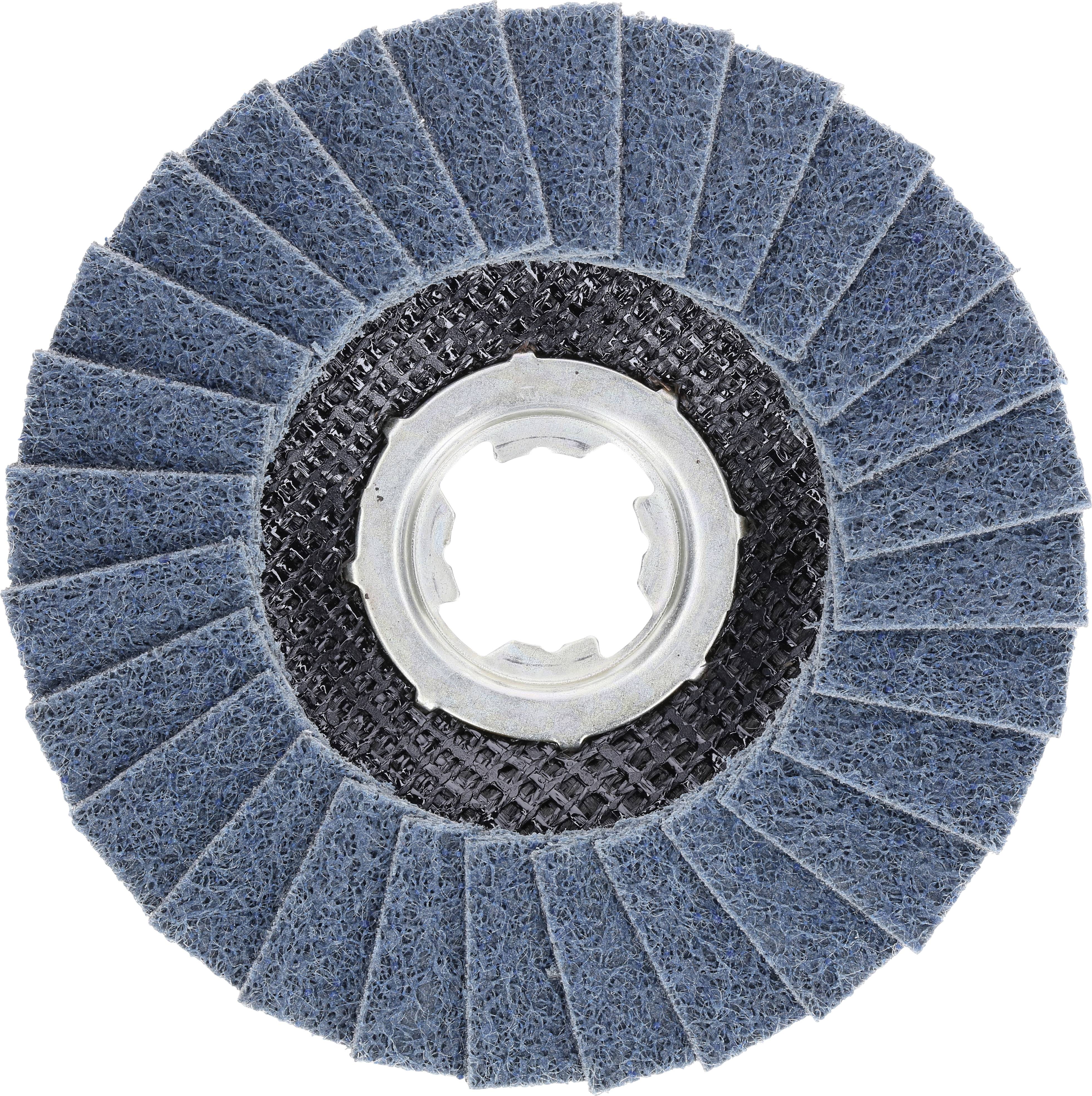 Schleifscheibe mit blauer geriffelten Oberfläche, zentralem Loch und schwarzem Träger. Geeignet für das Abschleifen von Metall.