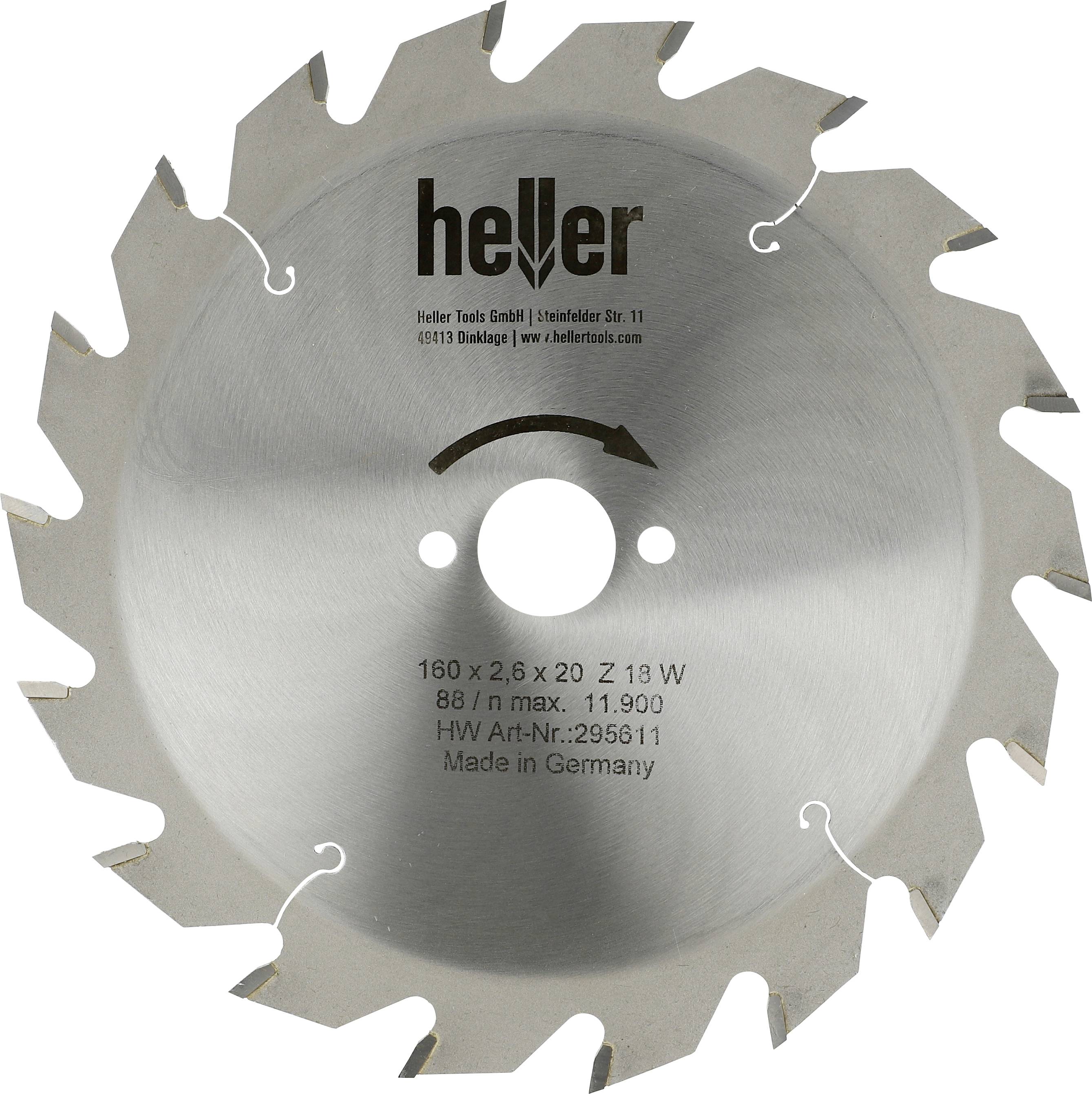 Ein Heller Kreissägeblatt mit 20 Zähnen, beschriftet mit „160 x 2,6 x 20 Z 18 W", max. 11.900 U/min und „Made in Germany".