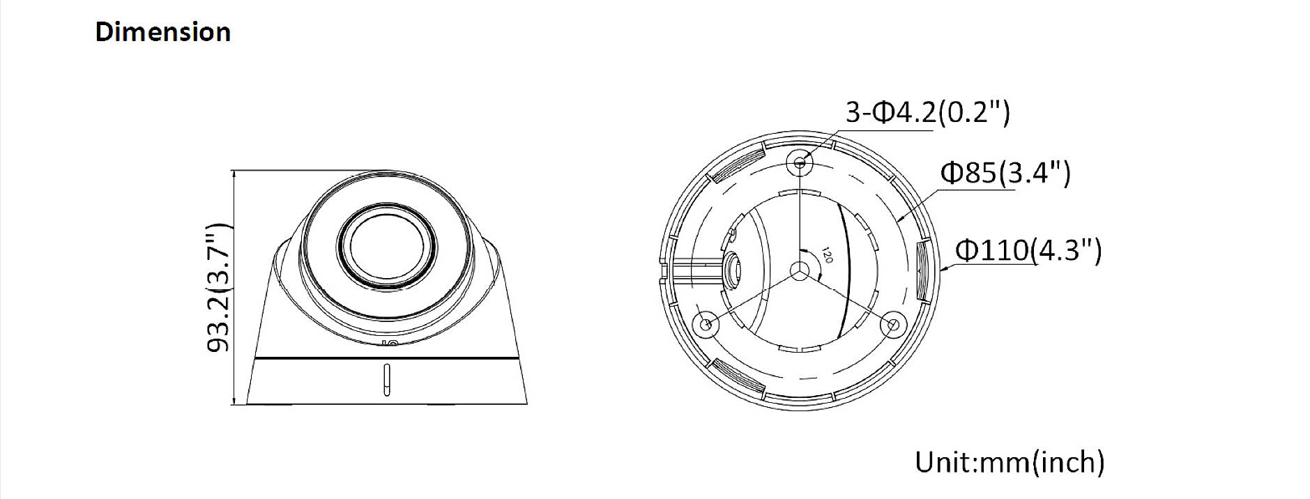 'Abmessungen: Höhe 93,2 mm (3,7"), Breite ⌀85 mm (3,4"), ⌀110 mm (4,3"), Lochdurchmesser 3-⌀4,2 mm (0,2"). Einheit: mm (Zoll).'