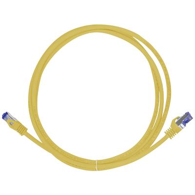 Gelbes Ethernet-Kabel, zusammengerollt, mit Steckern an beiden Enden, vor einem neutralen Hintergrund.