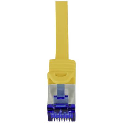 Gelbes Ethernet-Kabel mit blauem Stecker, verwendet zur Netzwerkverbindung.
