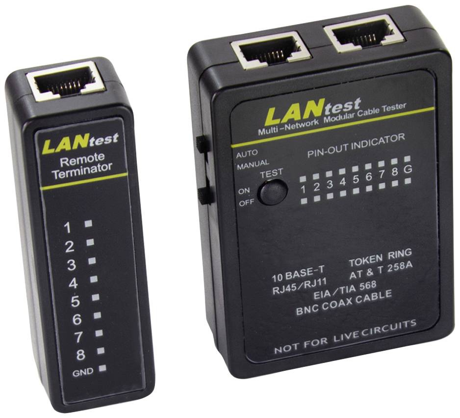 LAN-Kabeltester mit Hauptgerät rechts und Terminator links. Hauptgerät zeigt Modus und Pin-Ausgang an. Einsatz für Netzwerkverkabelungstests.