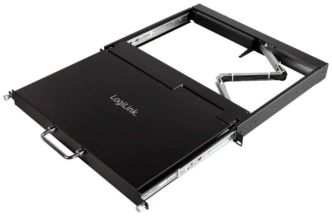 Computerschublade von LogiLink, schwarz, mit Griff und Schienen zur Montage in einem Rack.