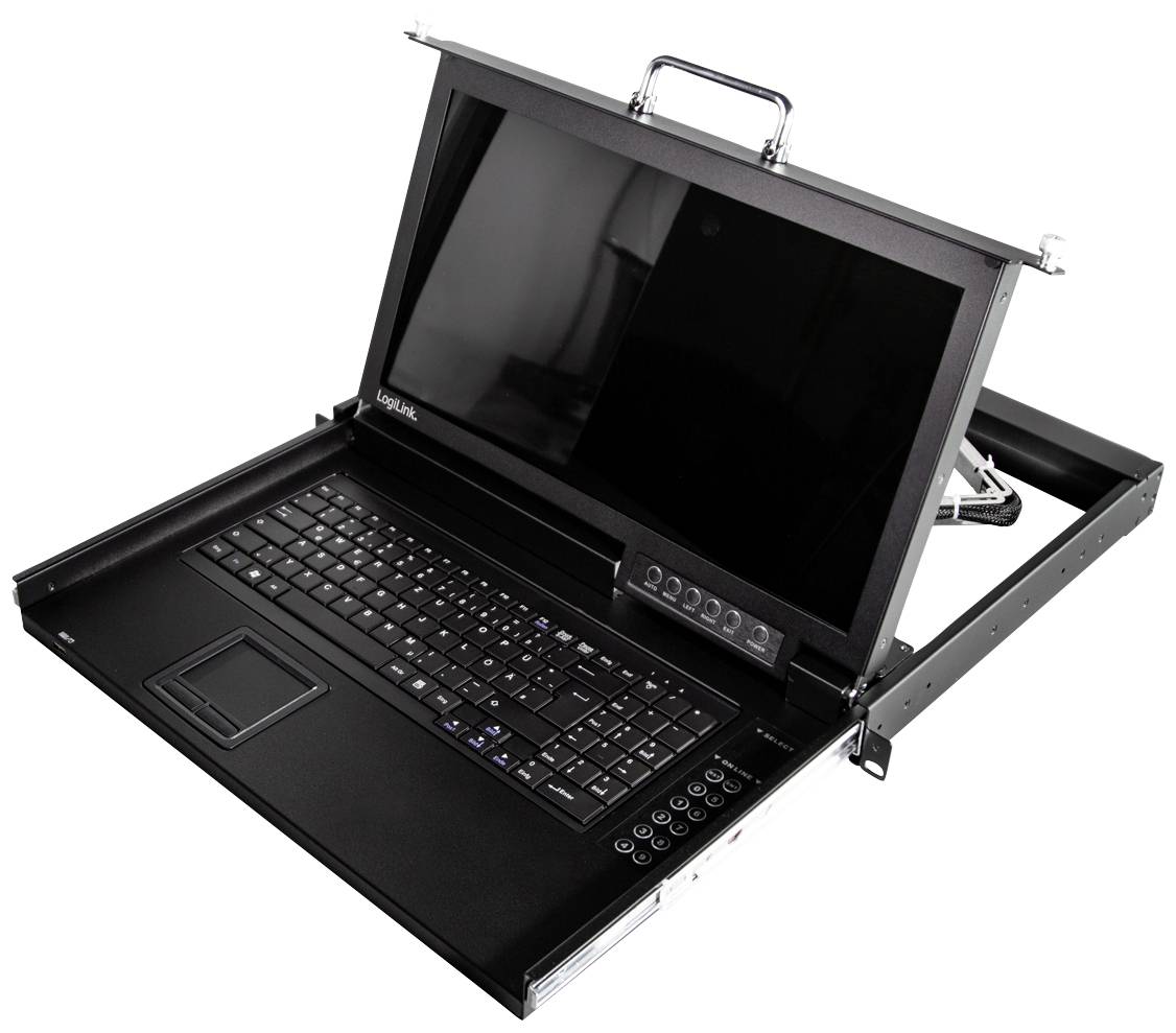 Ein portabler Laptop mit einem integrierten Bildschirm, einer vollständigen Tastatur und einem Touchpad, gezeigt in einem offenen Zustand.