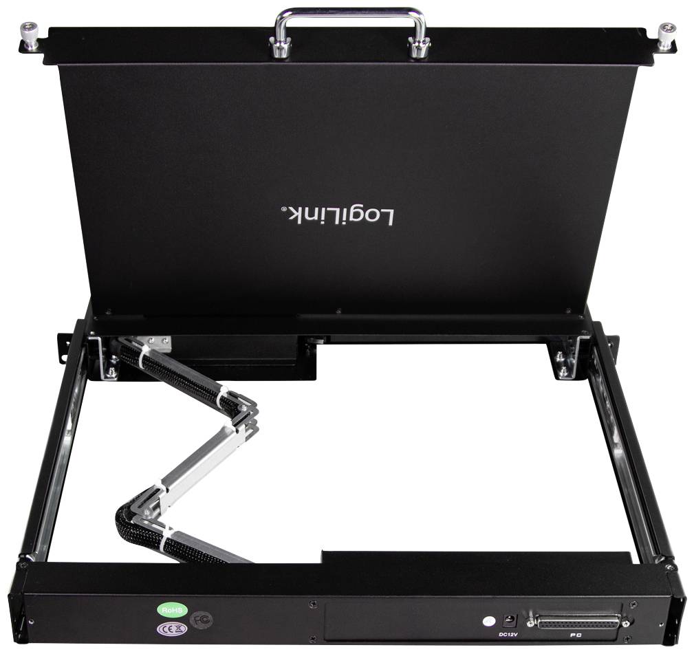 Ein offenes Server-Rack-Gehäuse mit einer ausziehbaren Tastaturschublade und einem Drehgelenkarm, geeignet für IT-Umgebungen.