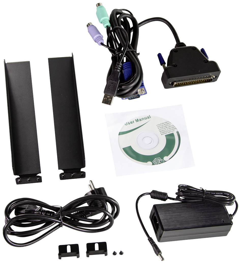 Ein Hardware-Kit mit Kabeln, Halterungen, Netzteil und Installations-CD. Enthält Benutzerhandbuch für technische Einrichtung.
