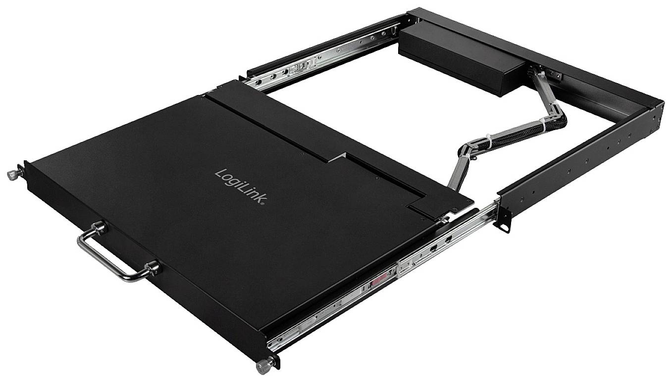 'LogiLink' KVM-Konsole in Schwarz mit ausziehbarer Tastaturablage und Monitorhalterung, geeignet für 19-Zoll-Rackmontage.