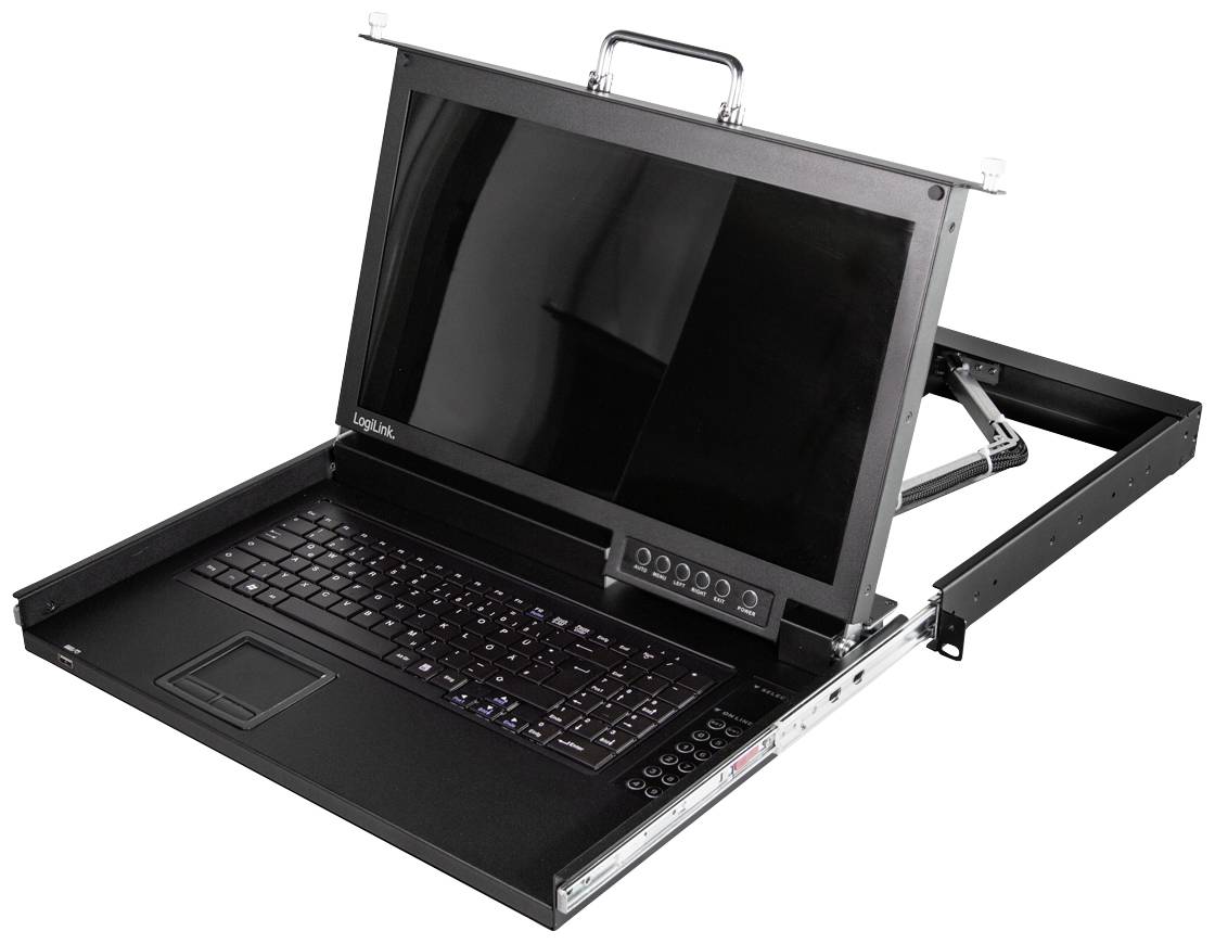 'Schwarzes, ausziehbares Rackmount-Konsole mit Bildschirm, Tastatur und Touchpad, zusammengeklappt in einem Metallrahmen.'