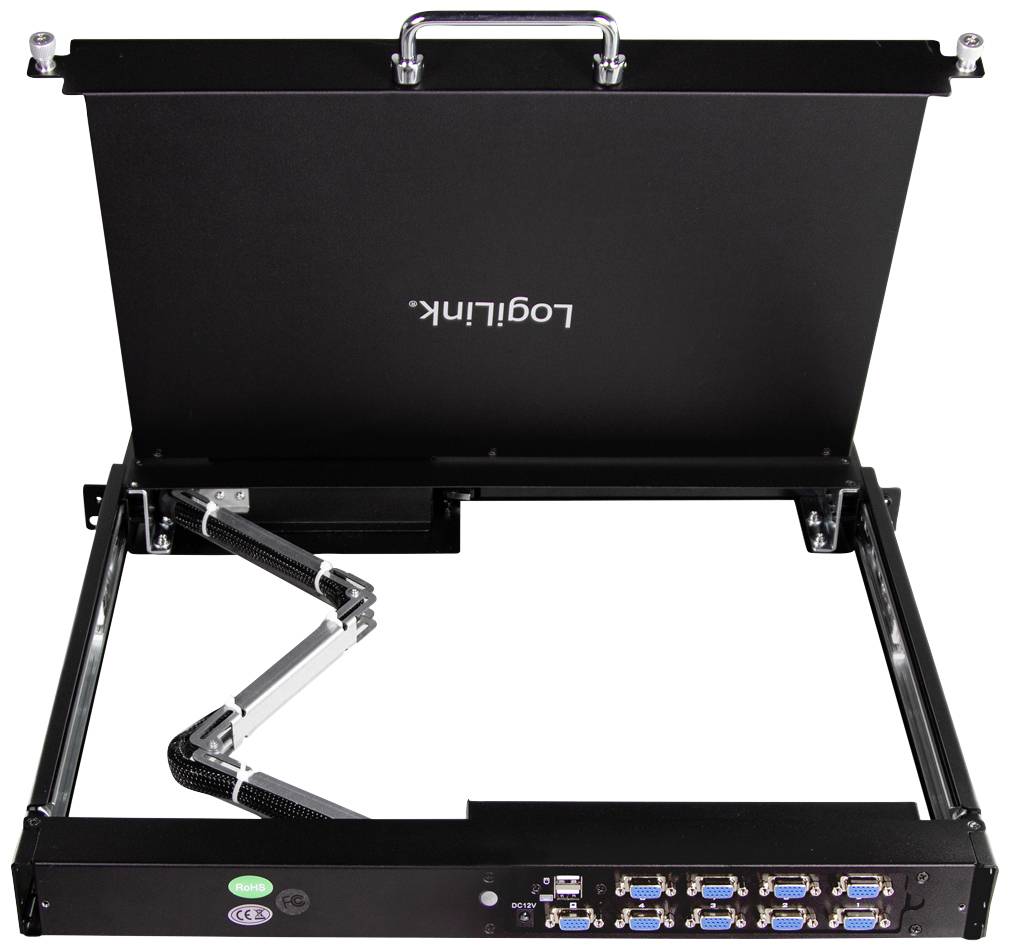 Schwarzer KVM-Switch mit ausziehbarer Konsole und Klappmonitor, mehrere VGA- und USB-Anschlüsse, Logilink-Logo sichtbar.