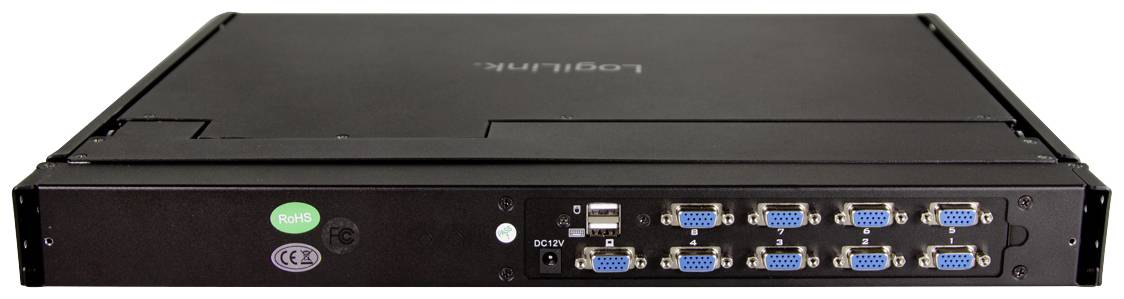 Ein schwarzes, rechteckiges Rackmount-Gerät mit mehreren VGA-Anschlüssen und einer DC-Strombuchse an der Vorderseite.