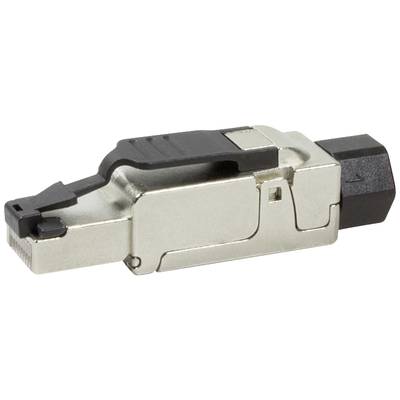 Ein silberner Ethernet-Stecker mit schwarzem Verriegelungsmechanismus, geeignet für Netzwerkkabel, auf weißem Hintergrund.