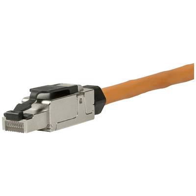 Ein orangefarbenes Netzwerk-SFP-Kabel mit Metallanschluss, bereit für die Datenverbindung.