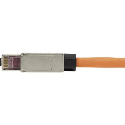 Ein orangefarbenes Netzkabel mit metallischem Stecker beendet in Nahaufnahme. Geeignet für Hochgeschwindigkeitsdatenübertragung.