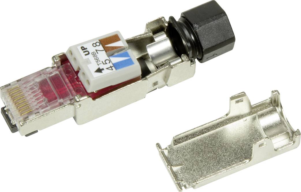 Ein RJ45-Stecker mit Zugentlastung und Metallgehäuse, teilzerlegt, zeigt die interne Bauweise.