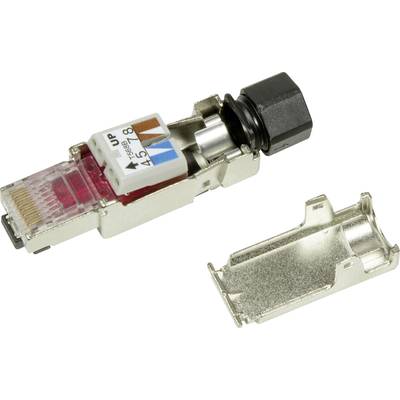 Ein RJ45-Stecker mit Zugentlastung und Metallgehäuse, teilzerlegt, zeigt die interne Bauweise.