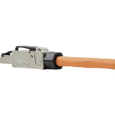 Ein orangefarbenes Netzwerkkabel mit einem metallischen Steckverbinder, oft in Hochgeschwindigkeits-Datenübertragung verwendet.