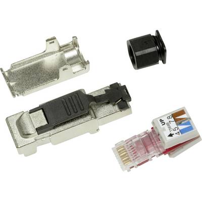Ein zerlegter Netzwerkstecker, bestehend aus einem Metallgehäuse, einem Kunststoffclip, einem Kabelstopper und einem RJ45-Konnektor.