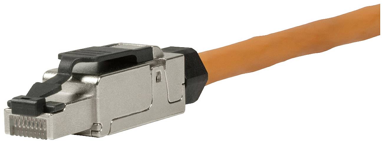 Ein orangefarbenes Netzwerkkabel mit einem silbernen Stecker am Ende, geeignet für Hochgeschwindigkeits-Datenverbindungen.