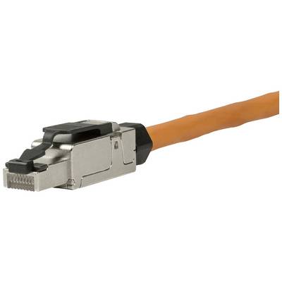 Ein orangefarbenes Netzwerkkabel mit einem silbernen Stecker am Ende, geeignet für Hochgeschwindigkeits-Datenverbindungen.