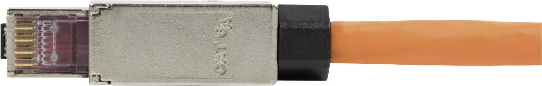 Ein orangenes Netzwerkkabel mit einem silbernen Stecker. 