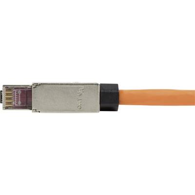 Ein orangenes Netzwerkkabel mit einem silbernen Stecker.