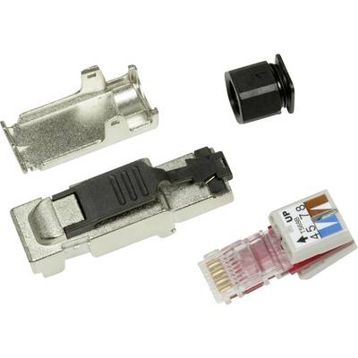 'Netzwerkstecker-Kit mit Metallgehäuse, Kunststoffabdeckung und farbcodiertem Modul, geeignet für Netzwerkkabelverbindungen.'