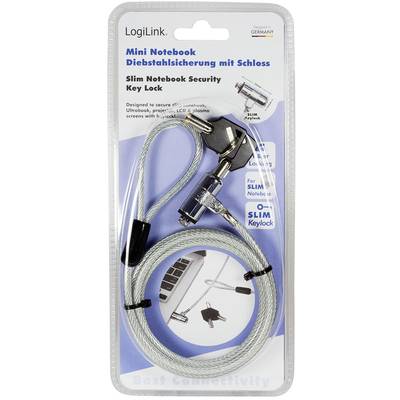 'LogiLink Mini Notebook Diebstahlsicherung mit Schloss'. Ein Diebstahlschloss mit Schlüssel und Kabel für Laptops, im Blisterpack.