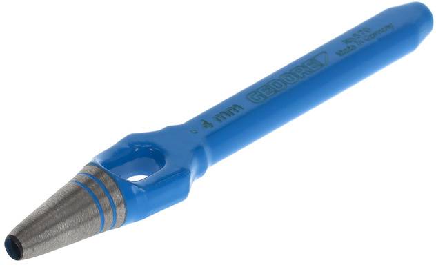 Ein blauer Handlocher mit Metallspitze, gekennzeichnet mit '4 mm' und 'GEDORE'. Werkzeug zum Erstellen von runden Löchern im Material.