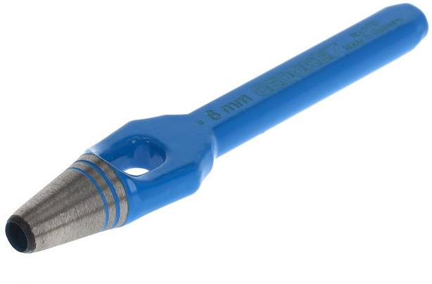 Ein blauer Metall-Handstanzer mit konisch zulaufender Spitze, geeignet zum Stanzen von Löchern in Materialien.