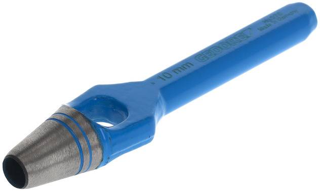 Ein blauer Lochstanzer mit metallischem Kopf und einem Durchmesser von 10 mm für präzises Stanzen in verschiedenen Materialien.