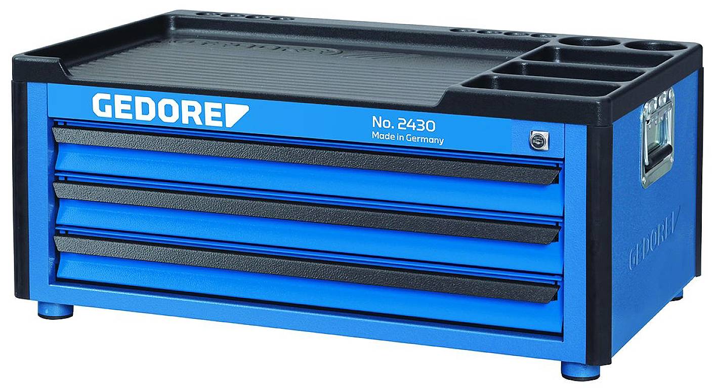 Blauer Werkzeugkasten mit drei Schubladen. Links oben steht 'GEDORE', rechts 'No. 2430 Made in Germany'.