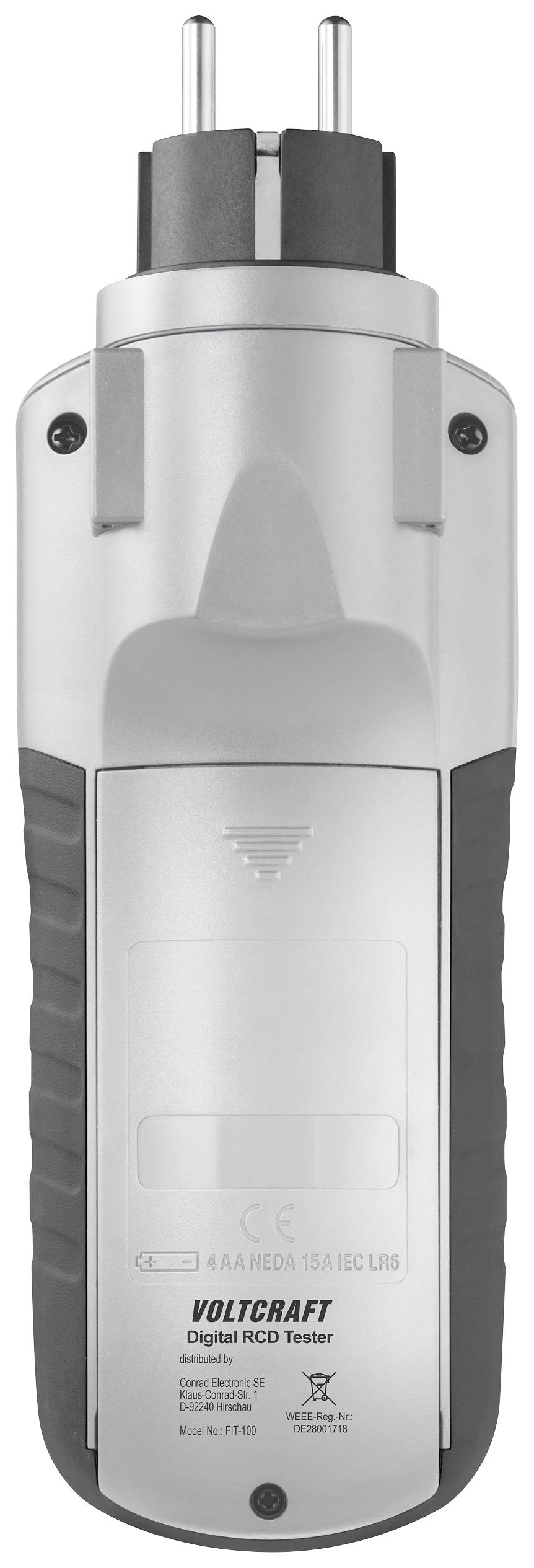 Ein digitaler RCD-Tester von Voltcraft mit Stecker oben und Griff unten, zur Überprüfung von Fehlerstromschutzschaltern (FI-Schutz).