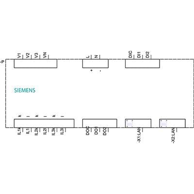 'Schaltplan einer elektrischen Steuerung von Siemens. Oben Anschlüsse V1 bis V3, unten IL1 bis IL3. Rechts Anschlüsse X1.1 bis X2.1.'
