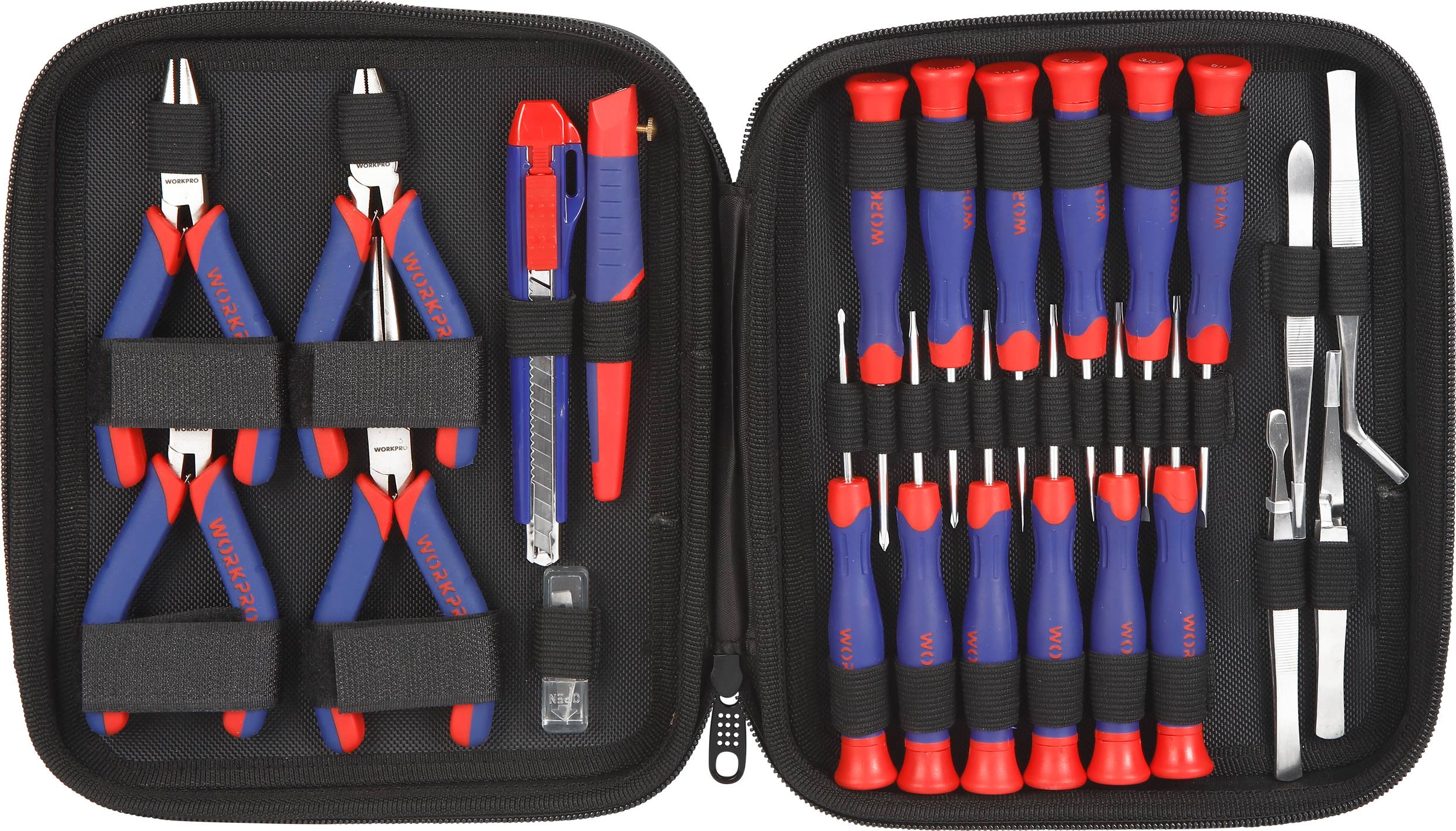 Ein geöffnetes Werkzeugset mit verschiedenen Zangen, Schraubendrehern und einem Cutter, ordentlich in einer schwarzen Tasche angeordnet.