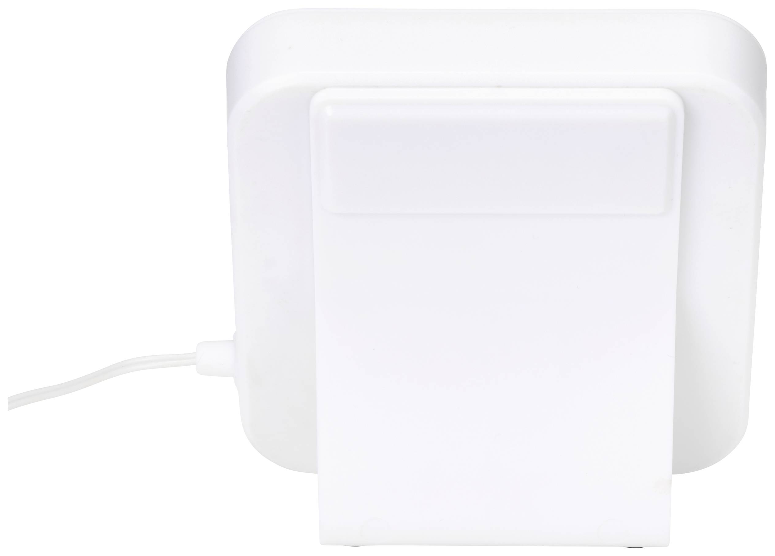 Ein weißes quadratisches Gerät mit abgerundeten Ecken und einem Kabel auf der linken Seite. Es hat eine hervorstehende Halterung auf der Rückseite.