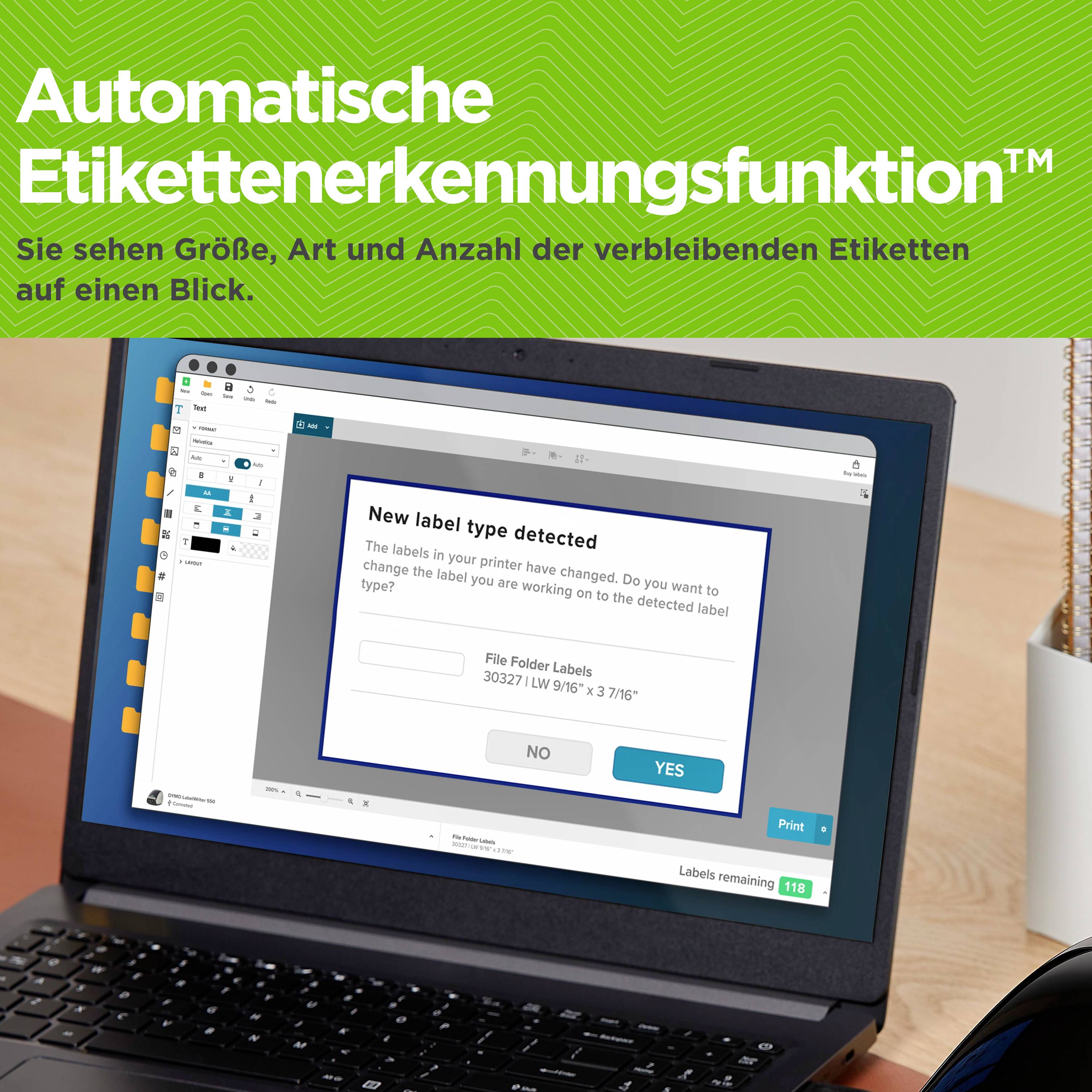 "Automatische Etikettenerkennungsfunktion™" auf Laptop-Bildschirm, zeigt ein Popup zur Erkennung neuer Etiketten bei Desktop-Arbeit.