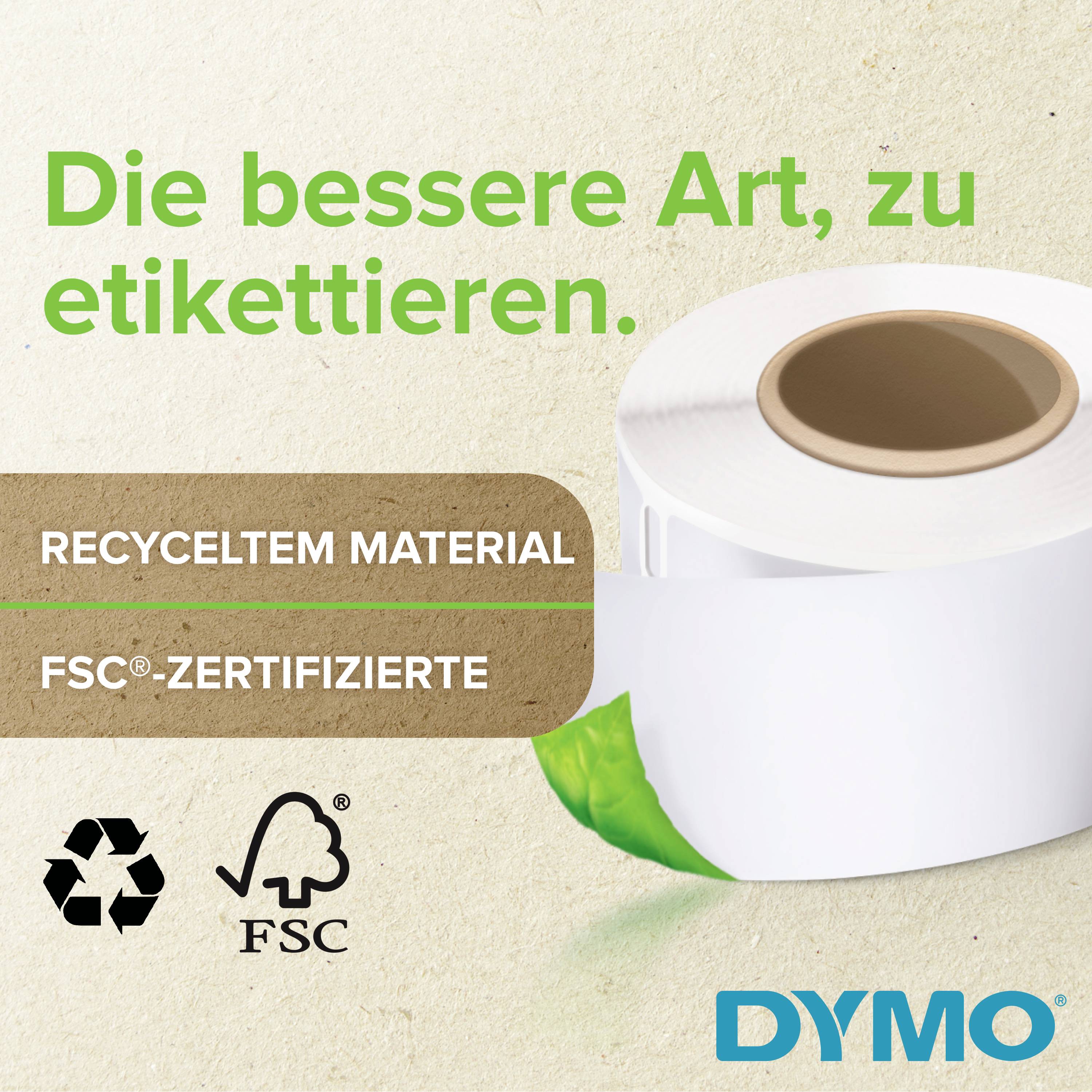 Rolle weißer Etiketten neben Text 'Die bessere Art, zu etikettieren.'. Aus recyceltem Material, mit Recycling- und FSC®-Zertifizierungssymbolen.
