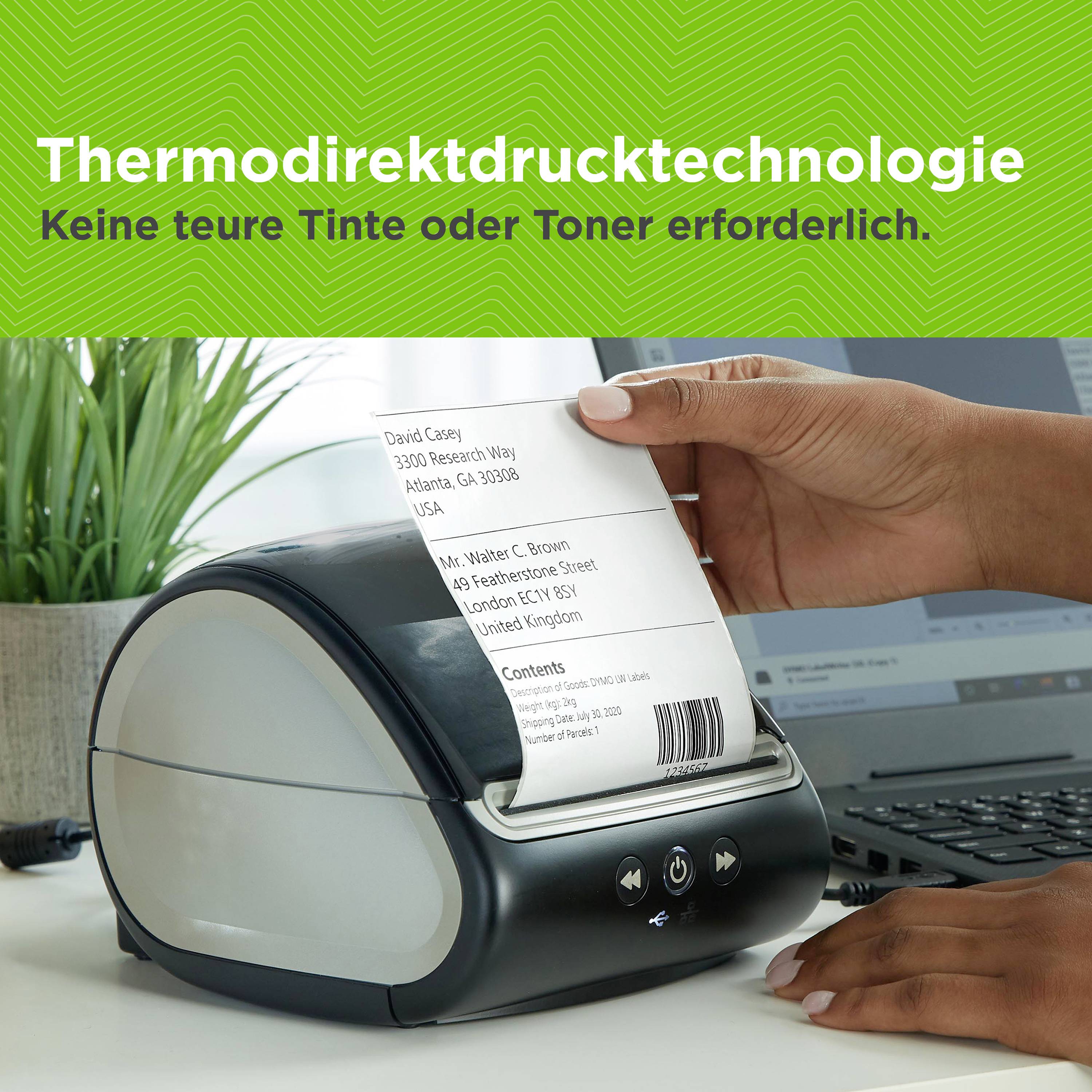 Thermodirektdrucker druckt Versandetikett. Text: 'Thermodirektdrucktechnologie - Keine teure Tinte oder Toner erforderlich.'
