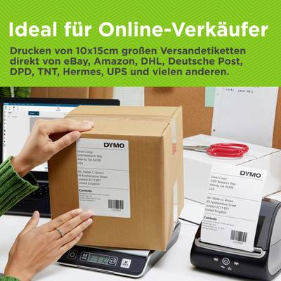 'Ideal für Online-Verkäufer' zeigt eine Hand, die einen Karton mit Etikett hält. Ein Drucker im Hintergrund druckt Etiketten.