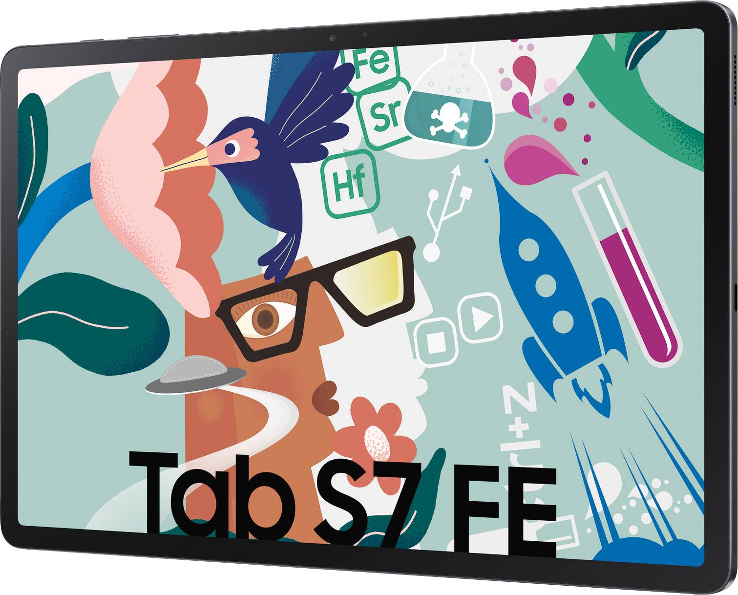 'Titelbild eines Tablets, das kreative Elemente wie einen Vogel, eine Rakete und eine Brille zeigt. Markiert mit "Tab S7 FE".'