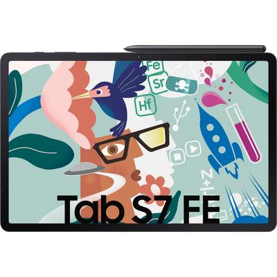 Ein Tablet mit farbenfroher grafischer Kunst, das ein Gesicht, Pflanzen, einen Vogel und Wissenschaftssymbole zeigt. Text: 'Tab S7 FE'.