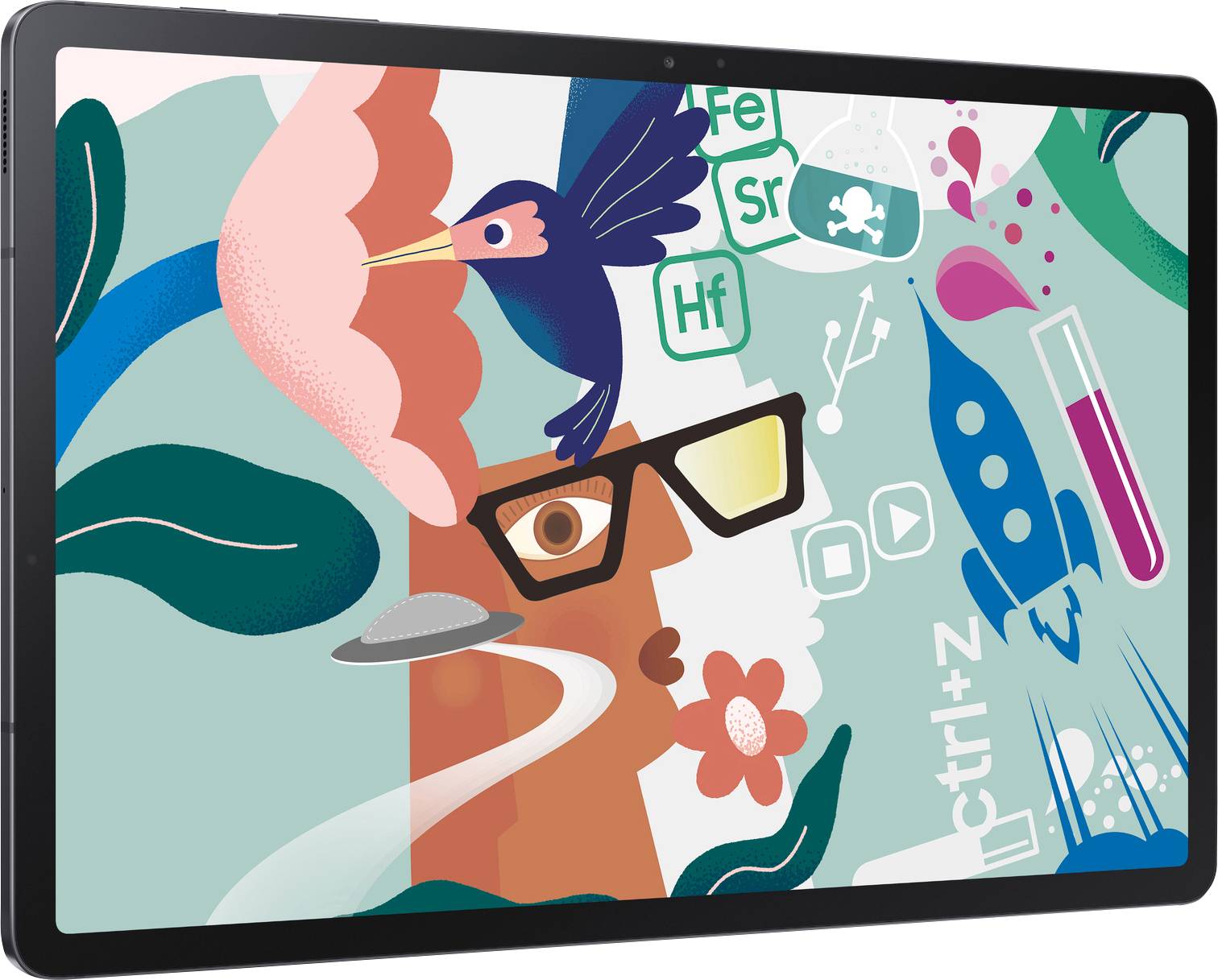 Ein buntes Grafikdesign zeigt eine stilisierte Person mit Brille, umgeben von geometrischen Formen, Pflanzen und chemischen Symbolen.